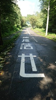 『速度落とせ』の表示 速度落とせの表示